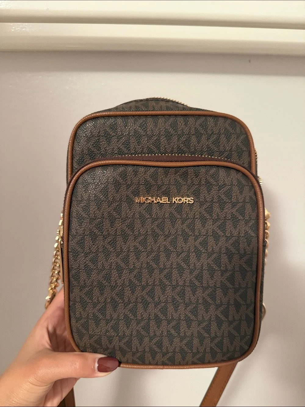 Michael Kors Dark Brown Monogram Leather-Trim Crossbody with Gold Hardware